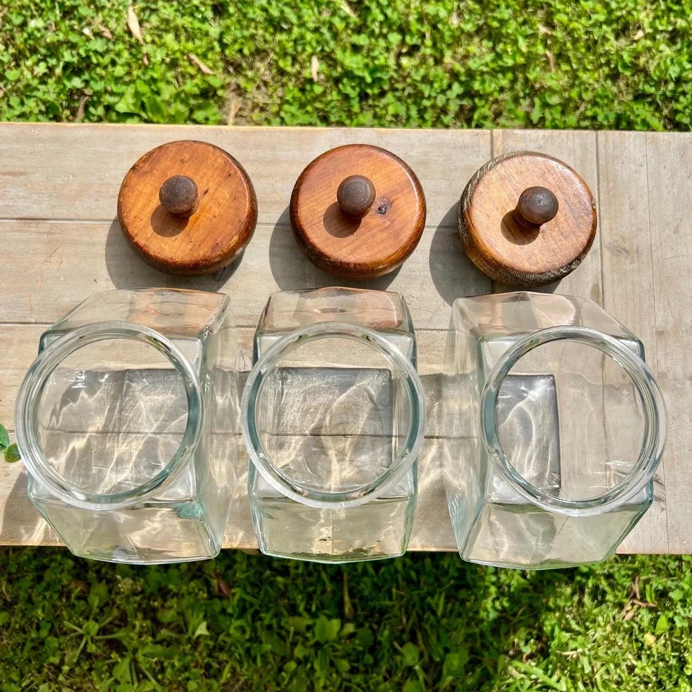 Vintage Glass Jar Canisters w/ Wood Lids | Set of 3